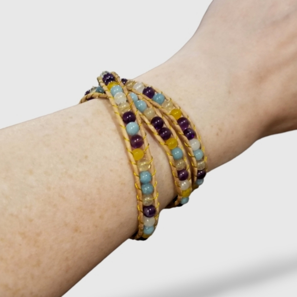 NEW Multi Semi-precious Gemstone 3 Wrap Bracelet - Picture 3 of 5